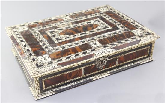 An 18th century Indo-Portuguese ivory, ebony and tortoiseshell games box, width 15.25in.